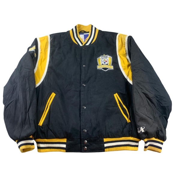 Vintage Logo Athletic Jacket Men L Pittsburgh Steelers Varsity Black NFL Patches